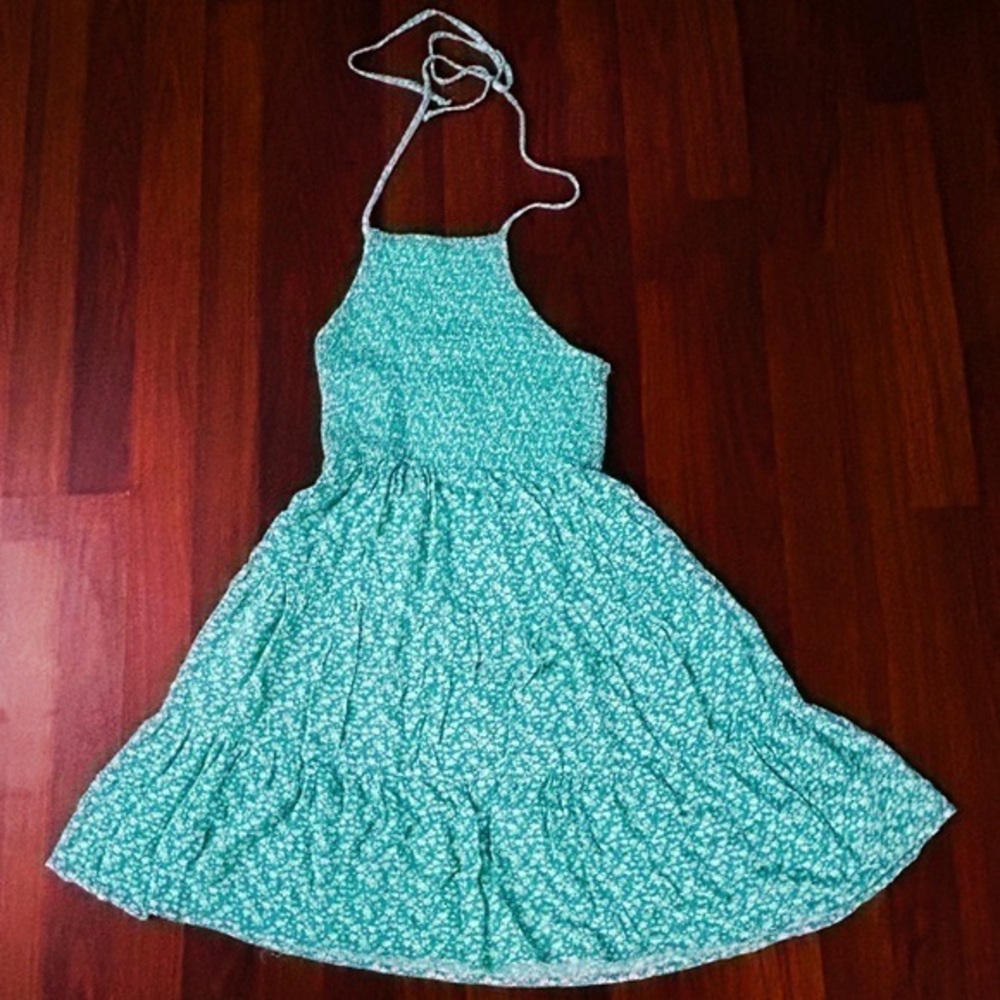 American Eagle Green Micro Floral Halter Tiered Ruffle Dress Size XS